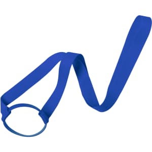 A blue lanyard cup holder with a loop at one end and a long strap, featuring a logo.