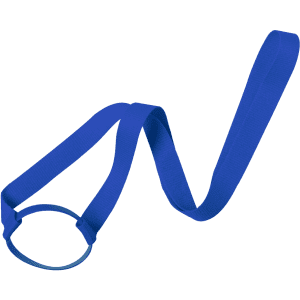 A blue lanyard cup holder featuring a loop and a long strap for securing drink bottles.