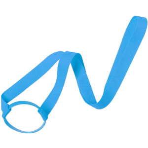 A drink bottle holder in bright blue, featuring a strap and a circular base. Includes a logo on the strap.