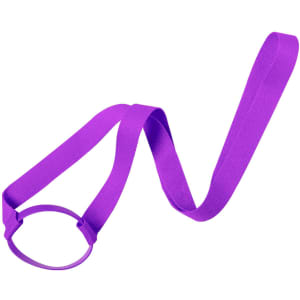 A drink bottle holder with a purple lanyard, featuring a circular holder and an elongated strap.