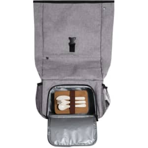 A grey backpack with a large opening, featuring a compartment for a lunchbox and utensils. It has a logo.