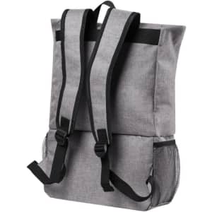 A grey backpack with adjustable straps and a mesh pocket, featuring a branded logo.