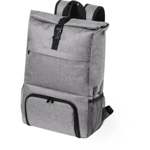 A grey backpack with a top flap, front pocket, and side mesh pocket, featuring a logo.