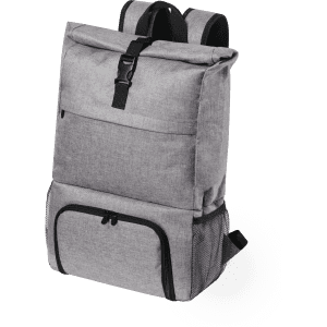 A grey backpack featuring a roll-top design and multiple compartments. It has a logo on the front.