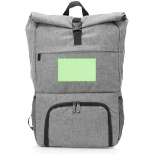 A grey backpack with a roll-top design, featuring a front zip pocket and mesh side pockets. It has a logo.