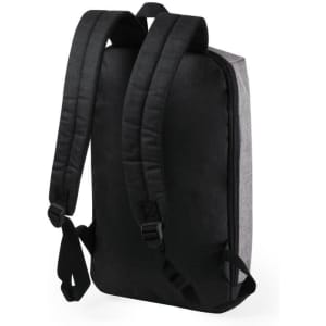 A grey and black backpack with padded straps and a sleek design. It features a logo on the front.