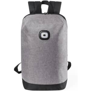 A grey and black backpack with a logo on the front and two shoulder straps.