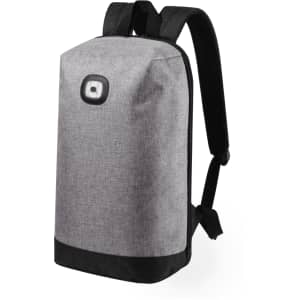 A grey backpack with black accents, featuring a logo on the front and adjustable shoulder straps.