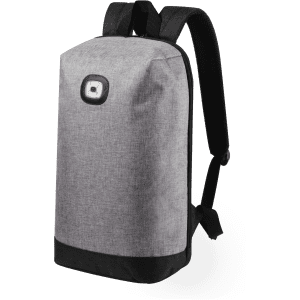 A grey and black backpack featuring a single logo on the front and adjustable straps.