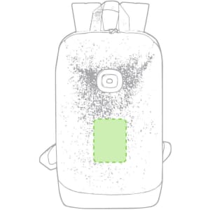 A green and grey backpack with a logo and a rectangular patch on the back.