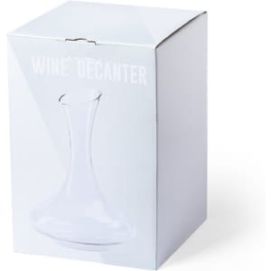 A wine decanter in a clear glass design, packaged in a white box with a logo.