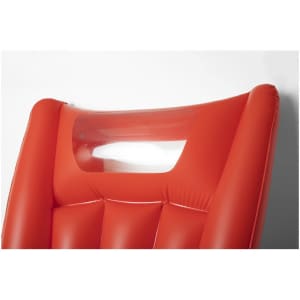 An inflatable red air mattress with a clear view slot at the top. It features a cushioned surface design.