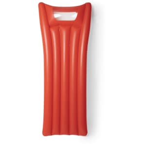 A red inflatable air mattress with a headrest and ribbed design, featuring a cut-out handle.