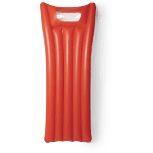 An orange inflatable air mattress with a contoured design and built-in headrest. It features ridges for comfort and support.