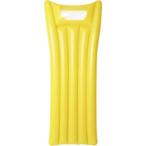 A bright yellow inflatable air mattress featuring a transparent headrest and vertical grooves for comfort.