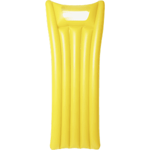 A bright yellow, inflatable air mattress with a headrest. It features a ribbed design and has a branding logo.