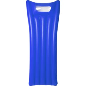 A blue air mattress with a built-in headrest and a transparent section at the top. It features a logo.