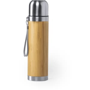 A drink bottle featuring a bamboo exterior and stainless steel cap, complete with a carrying strap.