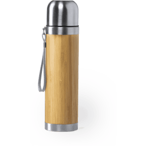 A drink bottle with a stainless steel top and a bamboo-patterned body, featuring a carrying strap.