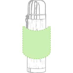 A drink bottle with a silver stainless steel body and a light green silicone grip. It features a logo.