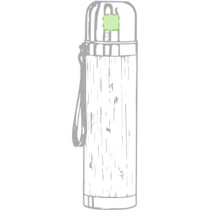 A drink bottle in a sleek design, featuring a silver finish and a green accent, with a carry strap and a logo.