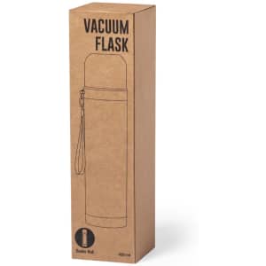 A drink bottle in a cardboard box, featuring a vacuum flask design with a double wall and a strap, in a neutral colour.