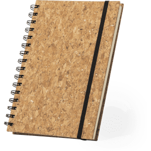 A cork-covered notebook with a black elastic band and spiral binding. It features a simple, natural design.