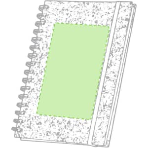 A green-covered spiral notebook with a textured design and a blank front section, featuring a branding logo.