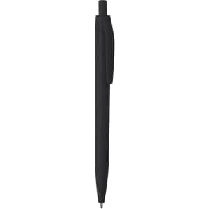A black pen with a slender design and a pocket clip, featuring a simple logo.