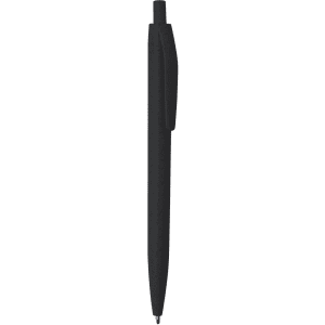 A black pen with a sleek design and a clip, featuring a logo on the barrel.