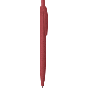 A red pen with a clip and a smooth finish, featuring a simple design and a logo.