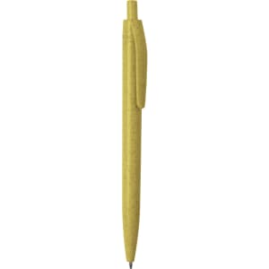 A yellow pen with a textured finish and a clip, featuring a logo on the side.