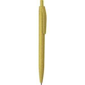 A yellow pen with a sleek design and a cap, featuring a logo on the body.