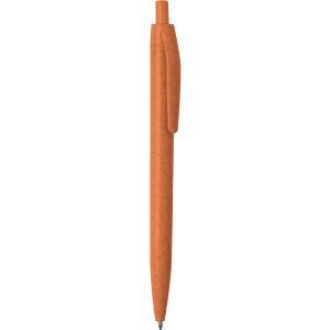 An orange pen with a clip and a smooth barrel design, featuring a logo on its surface.
