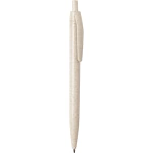 A light cream-coloured pen with a clip and a branding logo on the barrel, designed for writing.