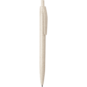A beige pen with a click mechanism and a clip, featuring a logo on the barrel.