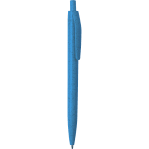 A blue pen with a textured finish and a clip. The pen has a branding logo on it.