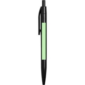 A black pen with a green accent and clip, featuring a visible branding area.