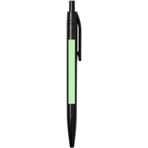 A black pen with a green accent and a clip, featuring a smooth design and a logo.