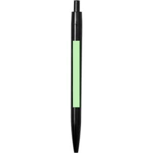 A black pen with a green section. The pen has a simple design and includes a logo.