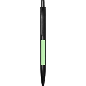 A black pen with a green accent and a clip, featuring a branding logo.