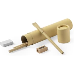 A set of writing tools including a bamboo pencil, sharpener, eraser, and container, all in a natural, earthy colour.