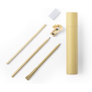 A collection of natural wood pencils, an eraser, a sharpener, and a cylindrical beige container.