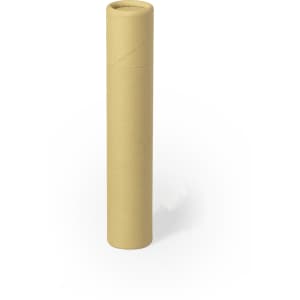 A cylindrical, beige writing tube with a closed end and a smooth surface, featuring a logo.