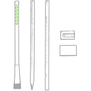 A collection of writing tools including a pencil, sharpener, and a rectangular eraser, featuring green accents.
