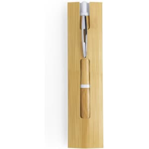 A bamboo pen pouch holds a wooden pen with a white band and a silver clip. It features a logo on the bamboo.