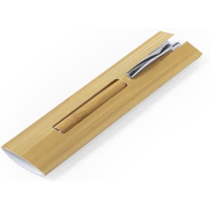 A bamboo pen pouch with a silver pen, featuring a sleek design and a branding logo.