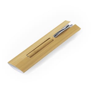 A bamboo pen pouch with a silver pen inside, featuring a sleek and minimal design.