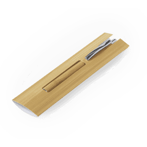 A bamboo pen pouch containing a silver pen, featuring a sleek and minimal design.