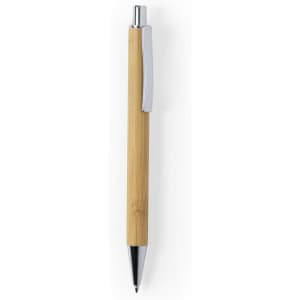 A wooden pen with a natural bamboo body and a silver clip, featuring a black ink tip. It has a sleek design.
